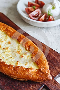 Traditional Turkish baked pide dish. Middle Eastern snacks