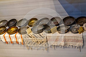 Traditional Turkish bath hammam accessories. Towels and iron bowls