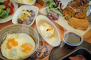 Traditional Turkish breakfast with plates of various food option