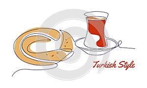 Traditional Turkish breakfast. Tea and Simit or Turkish bagel. Vector one linear continuous art with text Turkish style