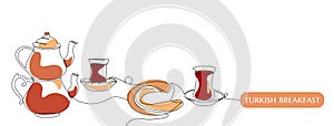 Traditional Turkish breakfast. Tea and Simit or Turkish bagel. Vector one linear continuous art with text Turkish style