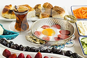 Traditional Turkish Breakfast on white table.