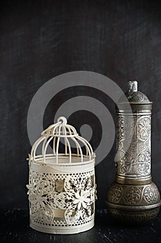 Traditional Turkish coffee and concept. vintage coffee grinder on a dark background