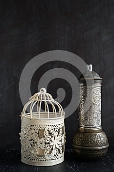 Traditional Turkish coffee and concept. vintage coffee grinder on a dark background