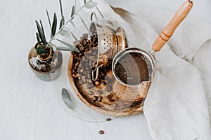 Traditional Turkish coffee in Cooper with decorations photo