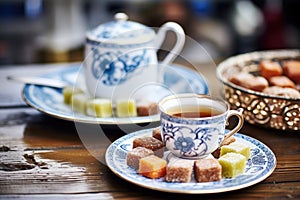 traditional turkish coffee set beside a small plate of turkish delight