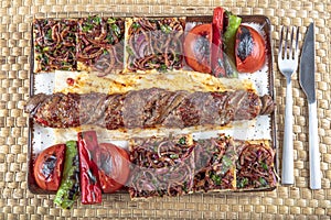 Traditional Turkish cuisine. A magnificent dining table and adana sarma shish kebab in a luxury restaurant, Turkish adana shish