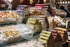 Traditional Turkish delight On Counter In Istanbul Grand Bazaar. Dessert shop at grand bazar baklava ramadan