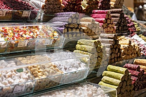 Traditional Turkish delight On Counter In Istanbul Grand Bazaar. Dessert shop at grand bazar baklava ramadan