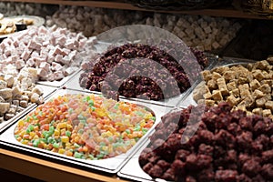 Traditional Turkish delight On Counter In Istanbul Grand Bazaar. Dessert shop at grand bazar baklava ramadan