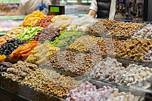 Traditional Turkish delight On Counter In Istanbul Grand Bazaar. Dessert shop at grand bazar baklava ramadan