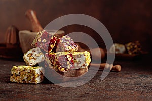 Traditional Turkish delight on an old brown table