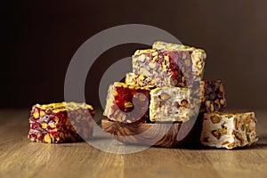 Traditional Turkish delight on a wooden table