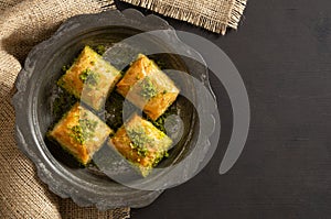 Traditional turkish dessert antep baklava with pistachio