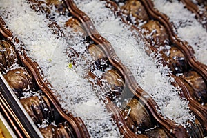 Traditional Turkish dessert, fresh chocolate baklava at a shop, Istanbul, Turkey