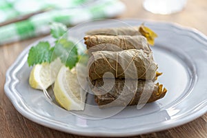 Traditional Turkish dish sarma served with lemon and mint photo