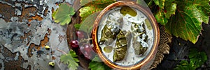 Traditional Turkish Dolma, Sarma or Dolmades with Tzatziki Sauce, Mediterranean Dish Dolmadakia photo