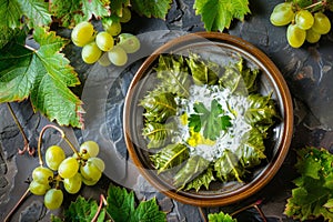 Traditional Turkish Dolma, Sarma or Dolmades with Tzatziki Sauce, Mediterranean Dish Dolmadakia photo