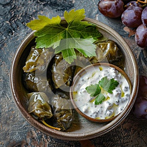 Traditional Turkish Dolma, Sarma or Dolmades with Tzatziki Sauce, Mediterranean Dish Dolmadakia photo
