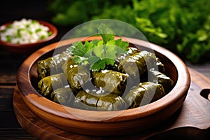 Traditional Turkish Dolma, Sarma or Dolmades on Wooden Plate, Mediterranean Dish Dolmadakia photo