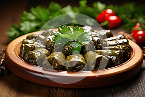 Traditional Turkish Dolma, Sarma or Dolmades on Wooden Plate, Mediterranean Dish Dolmadakia photo