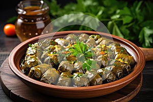 Traditional Turkish Dolma, Sarma or Dolmades on Wooden Plate, Mediterranean Dish Dolmadakia photo