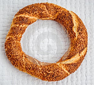 Traditional Turkish Donut (Simit) on a White Cover
