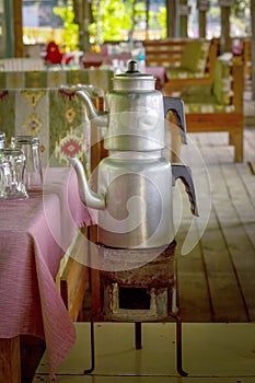 Traditional Turkish double kettle at a national breakfast restaurant