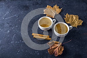 Traditional Turkish Drink Salep with cinnamon sticks and powder. Milky hot drink or Christmas Eggnog on dark background with dried