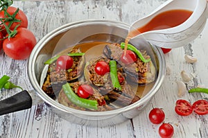 Traditional Turkish food stuffed aubergine  karniyarik  made