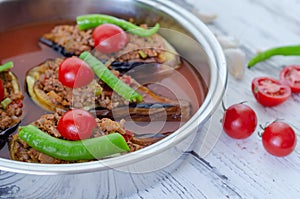 Traditional Turkish food stuffed aubergine  karniyarik  made