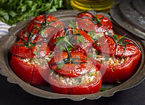 Traditional Turkish food Stuffed tomatoes with olive oil stuffed with rice. Turkish name domates dolmasi
