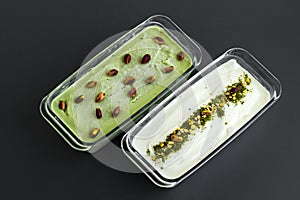 Traditional Turkish Ice Cream Maras,vanilla and pistachio in the glass containers