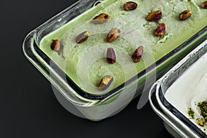 Traditional Turkish Ice Cream Maras,vanilla and pistachio in the glass containers