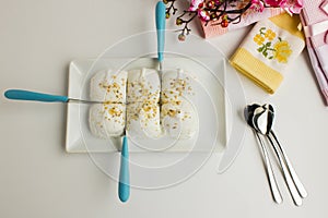 Traditional Turkish ice cream vanilla Maras,in rectangular plate