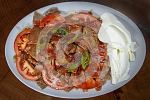Traditional Turkish Iskender kebab. Meat food