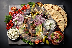 Traditional Turkish kebab with vegetables and tzatziki sauce, Greek food background. Meze, gyros, souvlaki, fish, pita, greek