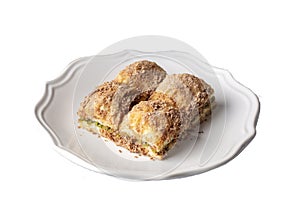 Traditional turkish new dessert cold milky baklava with pistachio (Turkish name soguk baklava