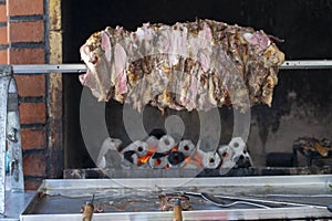 Traditional Turkish Oltu Cag Crochet Shish Kebab doner grilled in wood fired oven