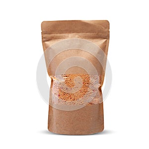 Traditional Turkish organic dried Tarhana soup in kraft paper package on white background