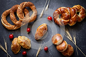 Traditional Turkish pastry concept,  pogaca , bagel,  on rustic table