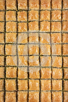 Traditional Turkish Pastry Dessert pistachio Baklava. Baklava shop. Turkish pistachio and yufka dessert, pistachio baklava on a