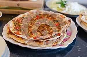 Traditional Turkish pizza lahmacun homemade in quarantine days