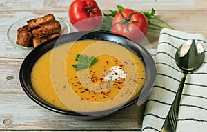 Traditional Turkish red lentil puree soup - Merzimek chorbasy