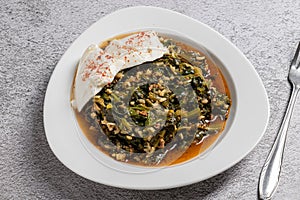 Traditional Turkish spinach meal with rice and minced meat with yogurt on a white porcelain plate