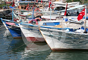 Traditional Turkish wooden fishing boats docked at Alanya Port