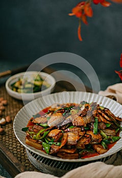 traditional twice cooked pork(huiguorou),Twice cooked pork slices,Sichuan style Chinese dish