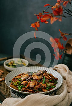 traditional twice cooked pork(huiguorou),Twice cooked pork slices,Sichuan style Chinese dish