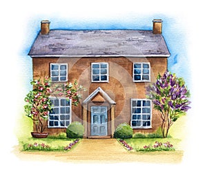 Traditional two-storied English house on a green lawn with lilac on white background