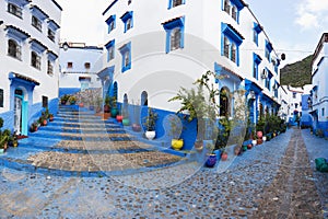 Traditional typical moroccan architectural details in Chefchaouen, Morocco, Africa Beautiful street of blue medina.